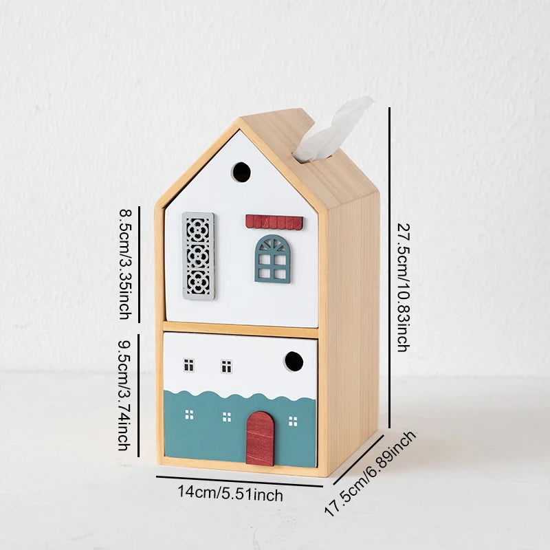 Caixa de Lenços em Formato de Casa Nórdica com Gaveta Multifuncional