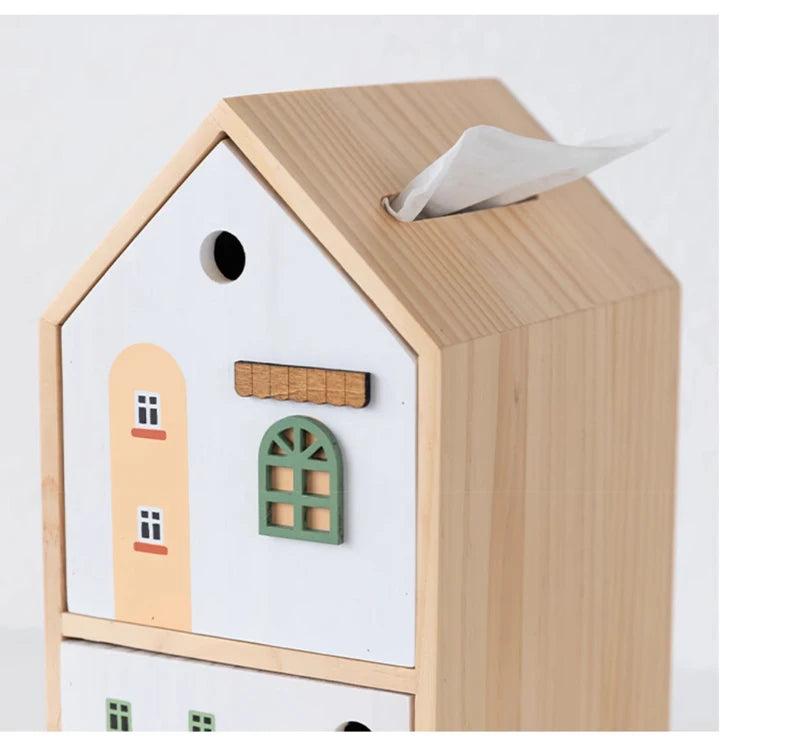 Caixa de Lenços em Formato de Casa Nórdica com Gaveta Multifuncional