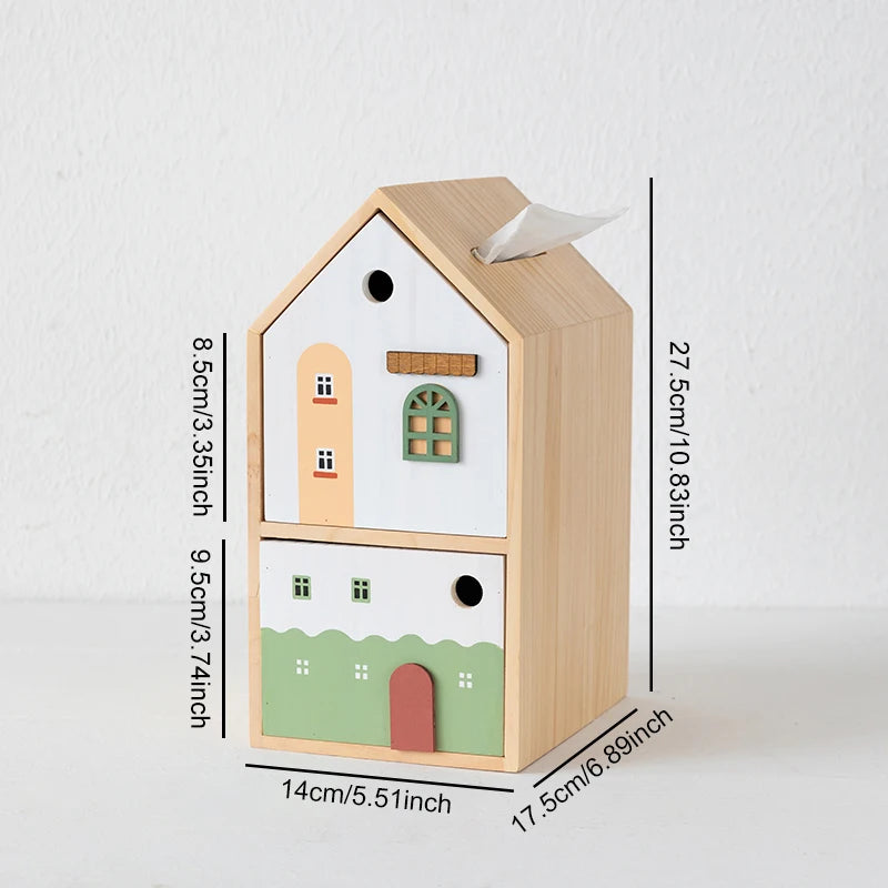 Caixa de Lenços em Formato de Casa Nórdica com Gaveta Multifuncional