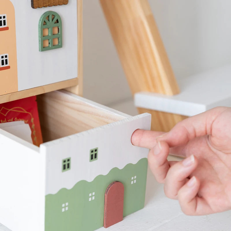 Caixa de Lenços em Formato de Casa Nórdica com Gaveta Multifuncional