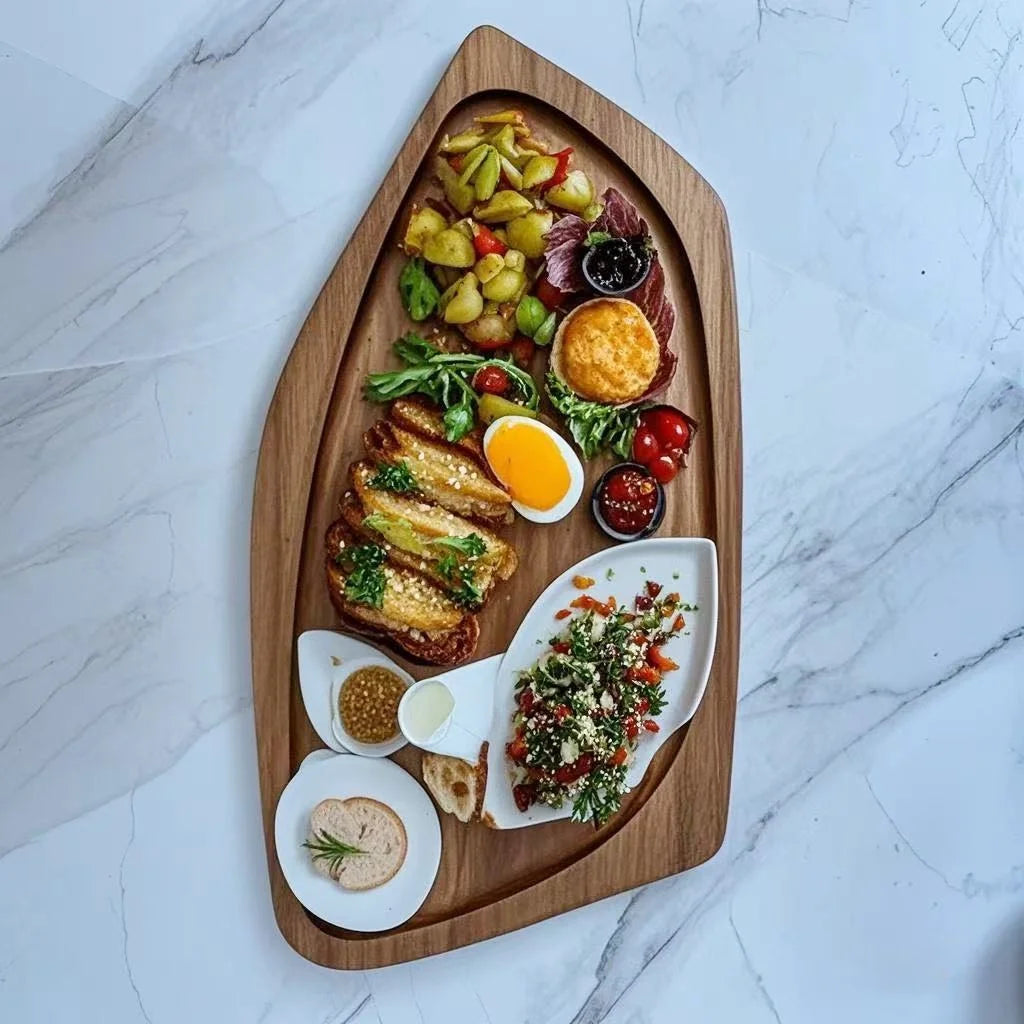 Uma bandeja de madeira exclusiva, prato de frutas, prato de sobremesa de madeira, bandeja de madeira para lanche de café e leite, prato de bolo, prato de queijo, chá de madeira pla