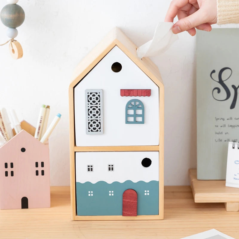 Caixa de Lenços em Formato de Casa Nórdica com Gaveta Multifuncional