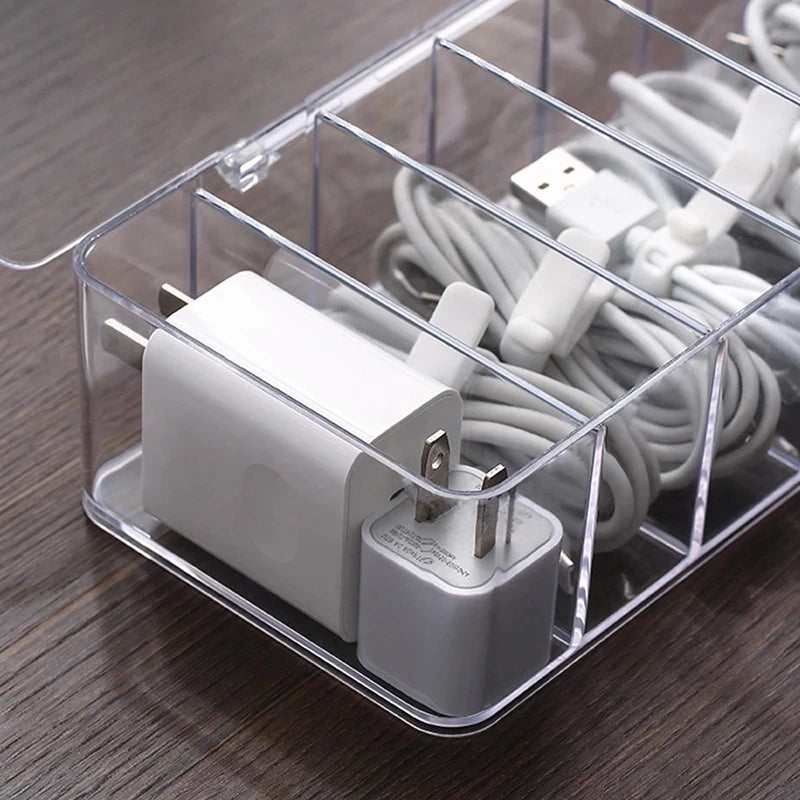 See-Through Charge Cable Organizer Box,Data Cable Management, USB Cord Sorter, Small Desk Acessórios Organizador e Armazenamento