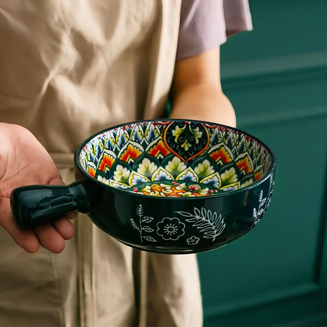 Saladeira com padrão de relevo pintado à mão com alça, tigela de macarrão, utensílios de cozinha, adequado para uso em fornos e micro-ondas