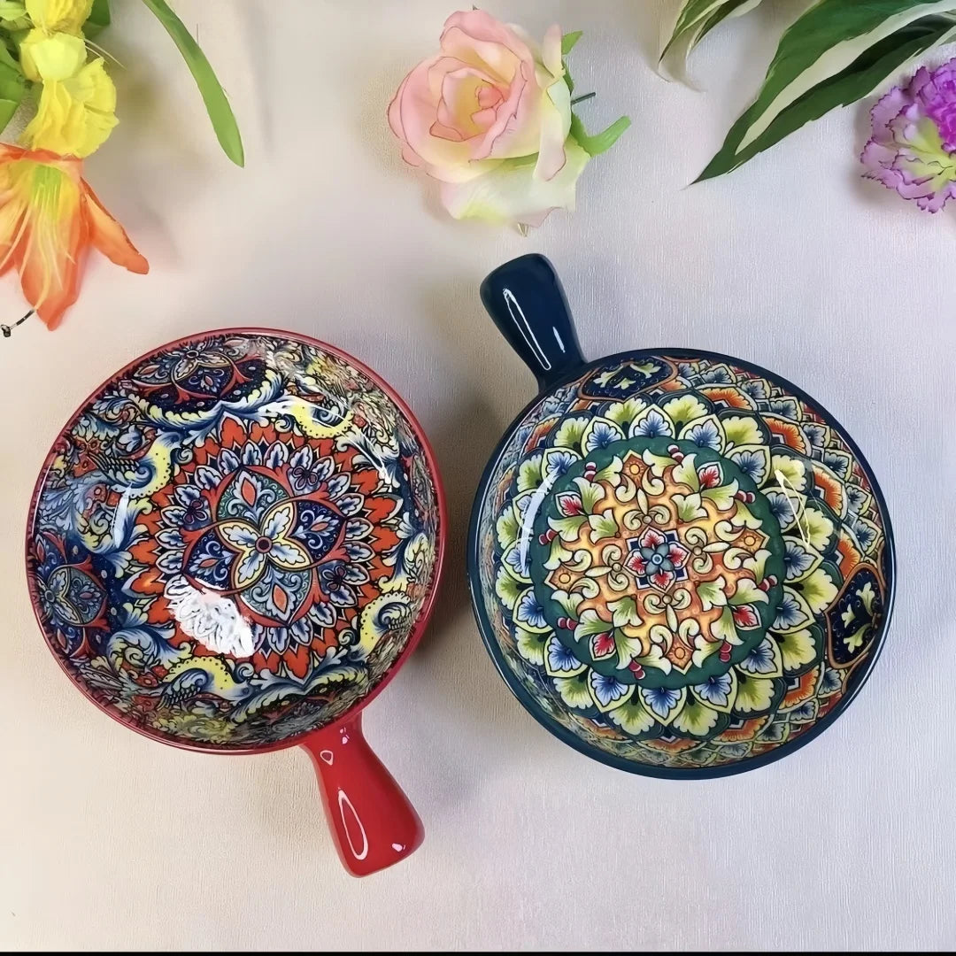 Saladeira com padrão de relevo pintado à mão com alça, tigela de macarrão, utensílios de cozinha, adequado para uso em fornos e micro-ondas