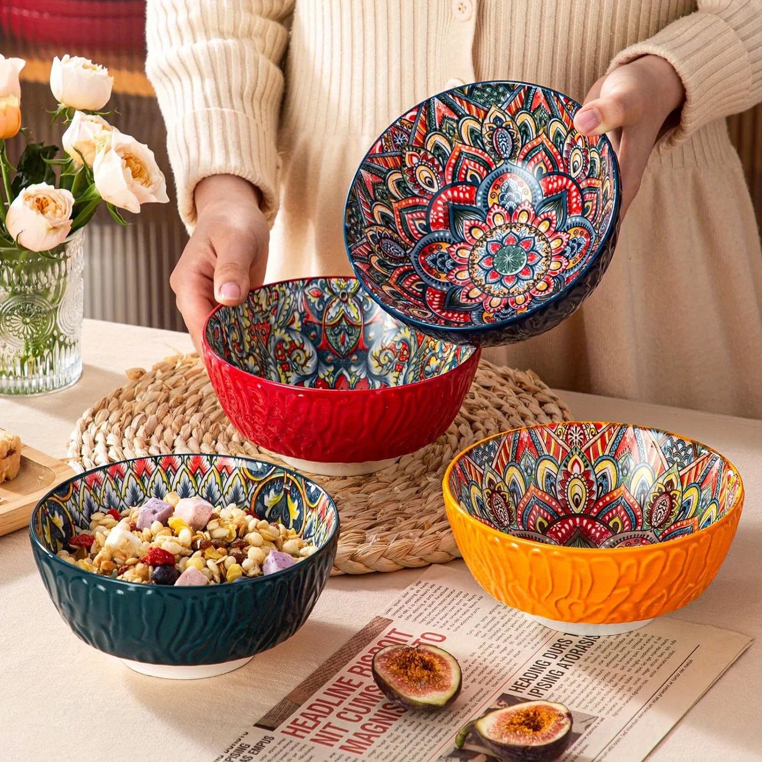 Tigelas de cerâmica boêmia de 6,5", design com nervuras florais. Forno seguro, ideal para salada, sopa, macarrão. Presente de Natal perfeito.