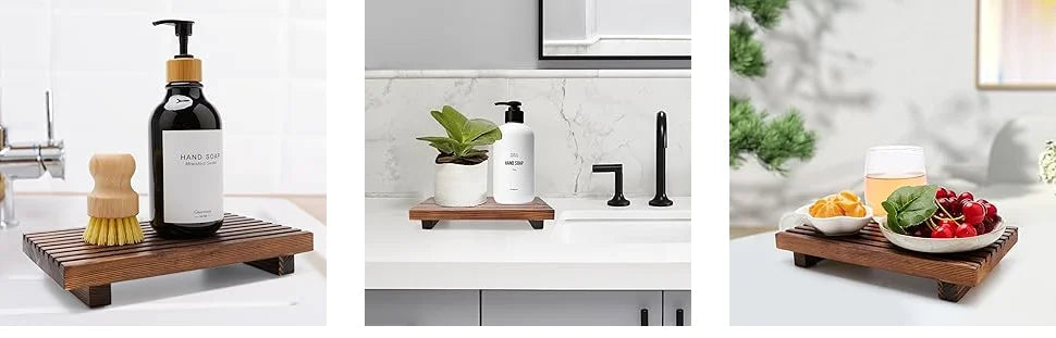 Organizador de balcão de banheiro, expositor de madeira, suporte para pedesta, bandeja de bancada de cozinha, fazenda, prato riser de madeira, dispensador de sabão