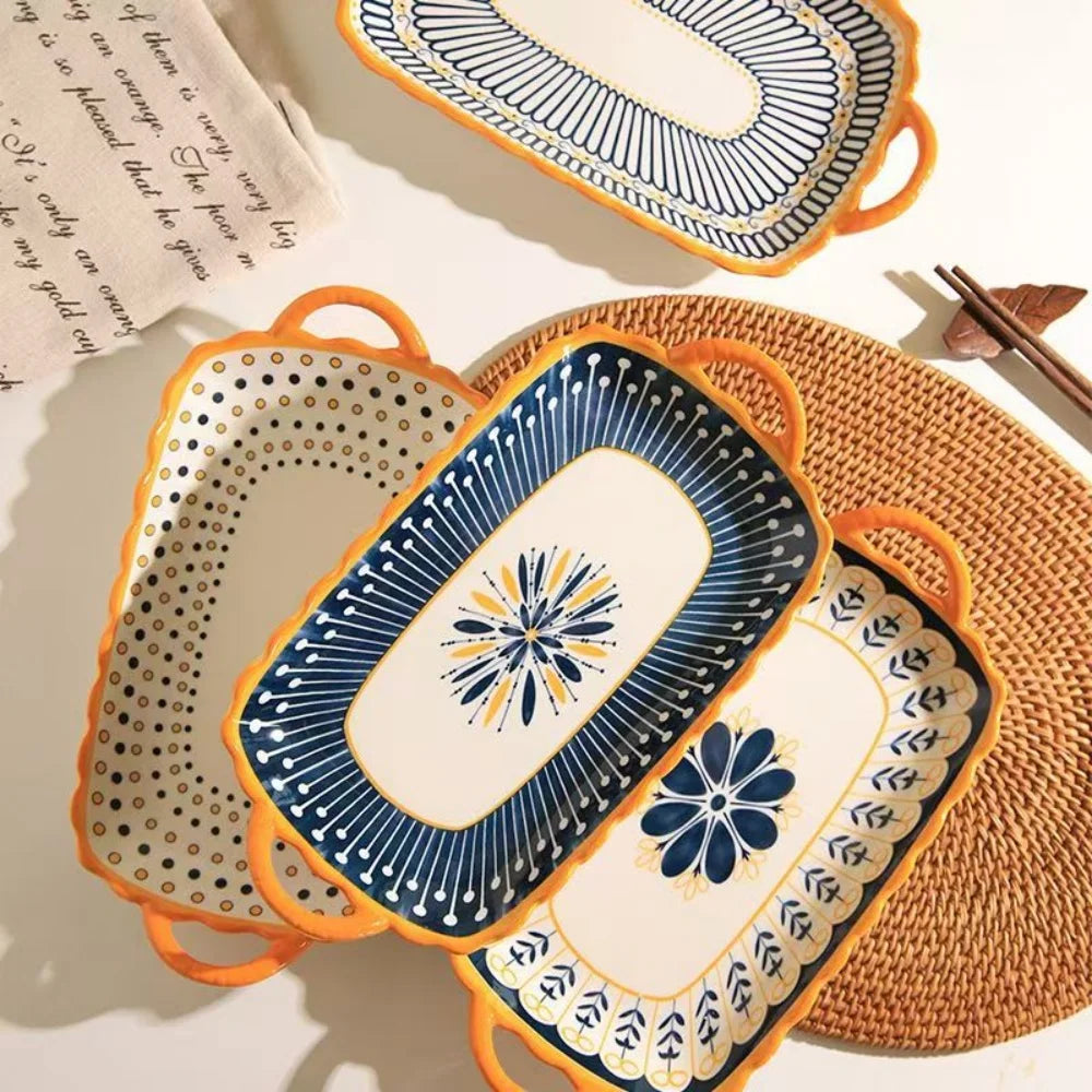 Prato de peixe cozido no vapor de cerâmica de orelha dupla, prato criativo nórdico, prato de salada de sobremesa japonesa, prato de macarrão simples de luxo leve