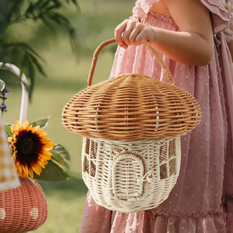 Cesta de Armazenamento de Cogumelo em Rattan Artesanal