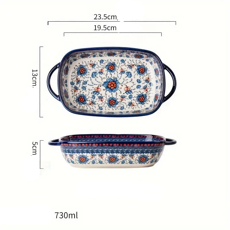 1pc grande assadeira com floral azul e branco e borda preta-(microondas/máquina de lavar louça/panadeira multiuso para turquia, lasanha