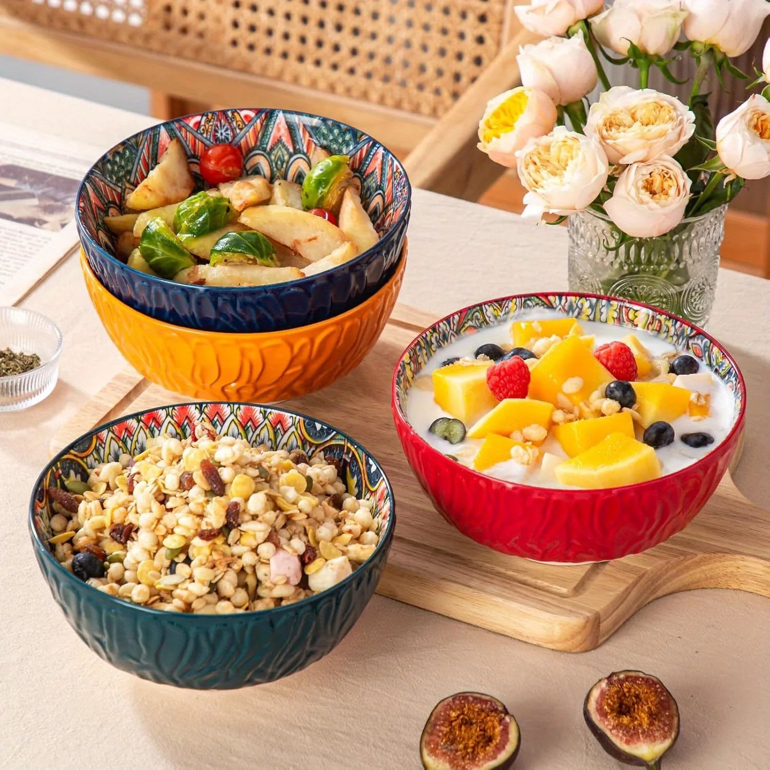 Tigelas de cerâmica boêmia de 6,5", design com nervuras florais. Forno seguro, ideal para salada, sopa, macarrão. Presente de Natal perfeito.