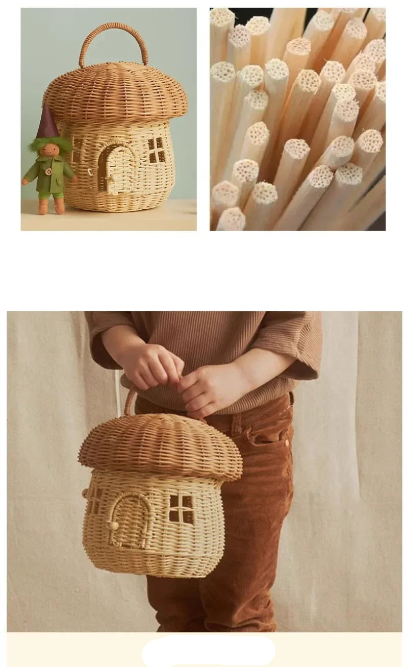Cesta de Armazenamento de Cogumelo em Rattan Artesanal