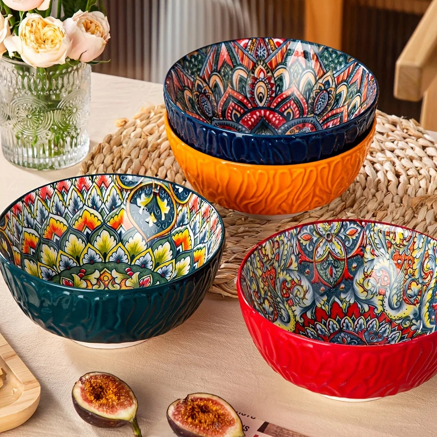 Tigelas de cerâmica boêmia de 6,5", design com nervuras florais. Forno seguro, ideal para salada, sopa, macarrão. Presente de Natal perfeito.
