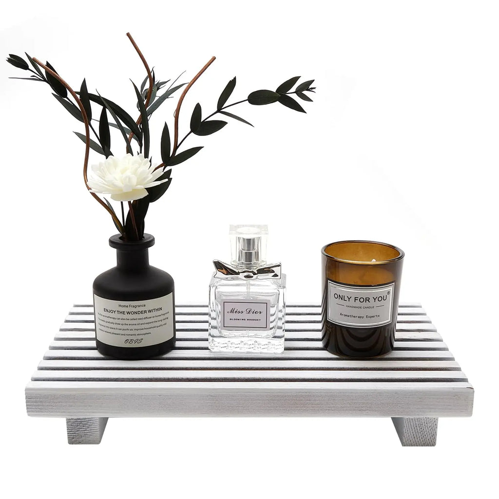 Organizador de balcão de banheiro, expositor de madeira, suporte para pedesta, bandeja de bancada de cozinha, fazenda, prato riser de madeira, dispensador de sabão