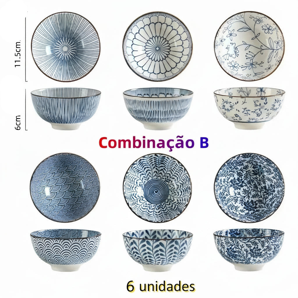 Tigela de Cerâmica Pintada à Mão Azul e Branca