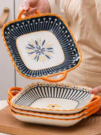 Pratos quadrados de cerâmica estilo japonês, 2 peças com orelhas duplas e salada de macarrão, adequados para fornos e fornos de micro-ondas