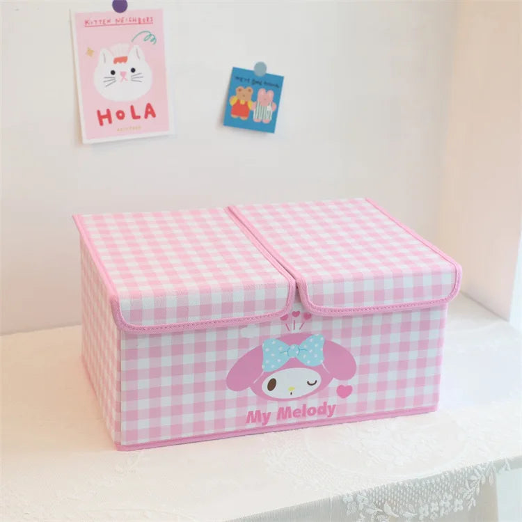 Kawaii sanrio olá kitty minha melodia kuromi caixa de armazenamento dobrável grade dupla caixa de armazenamento grande capacidade crianças brinquedo caixa de armazenamento