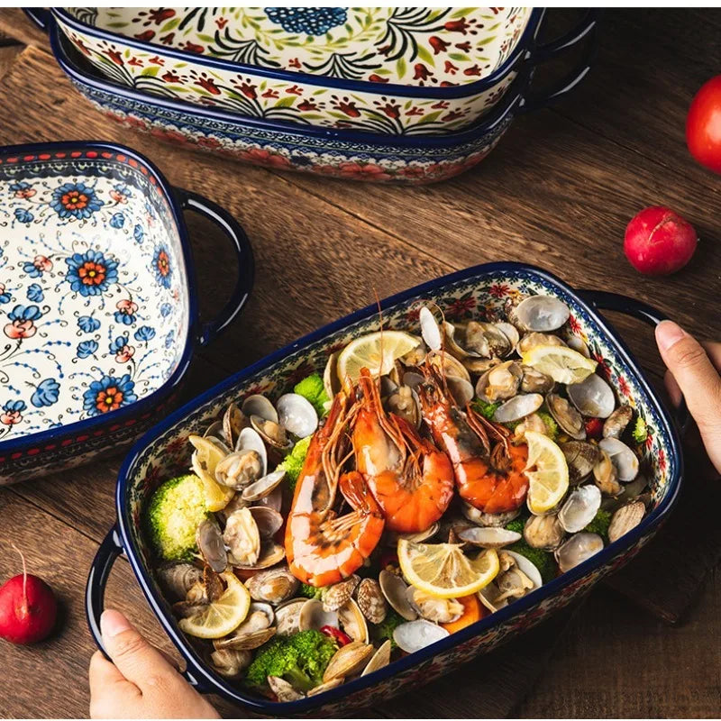 1pc grande assadeira com floral azul e branco e borda preta-(microondas/máquina de lavar louça/panadeira multiuso para turquia, lasanha