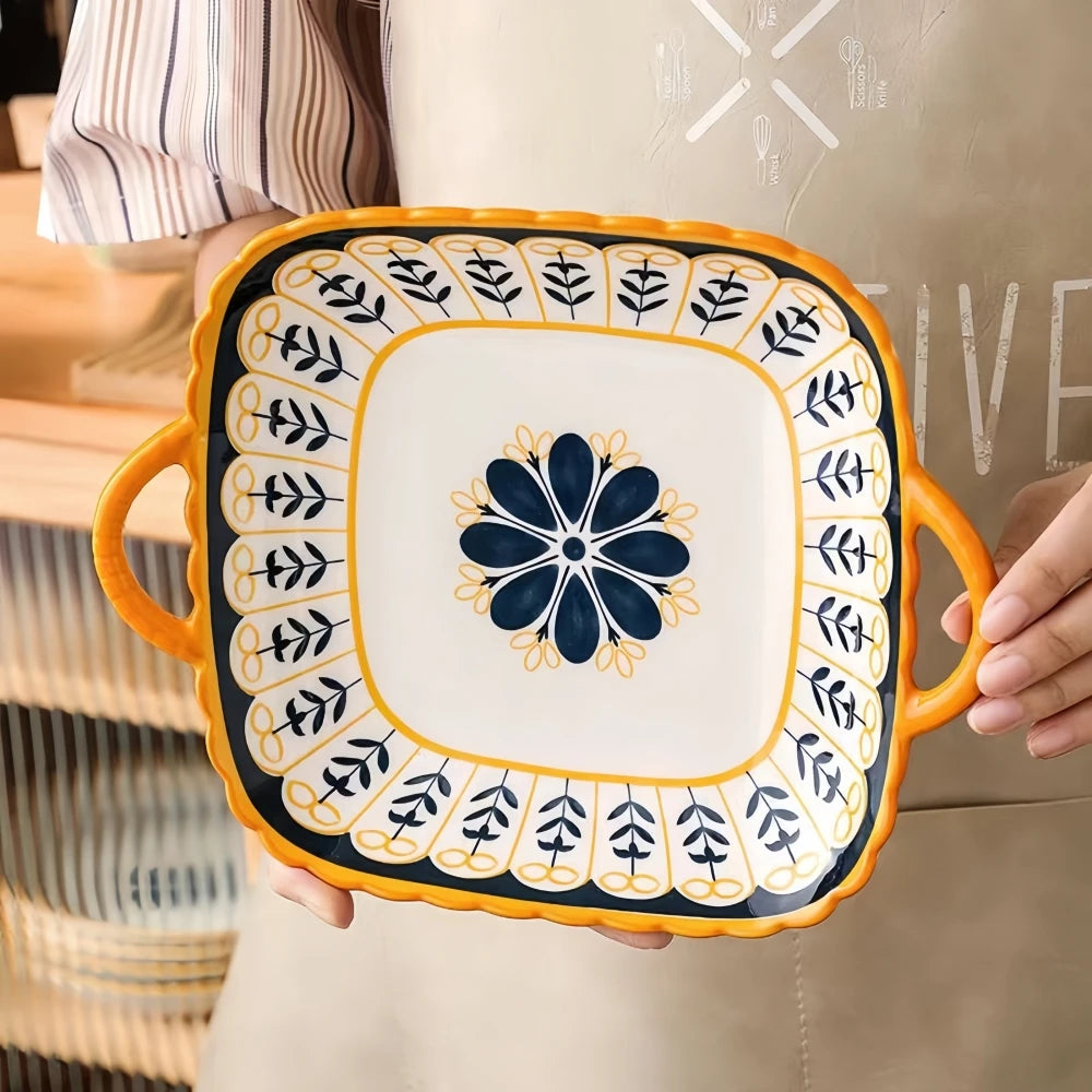 Pratos quadrados de cerâmica estilo japonês, 2 peças com orelhas duplas e salada de macarrão, adequados para fornos e fornos de micro-ondas