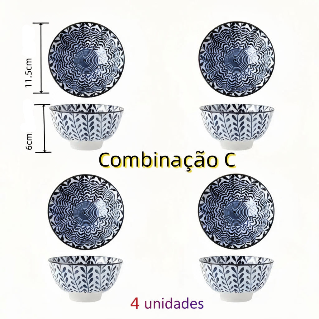 Tigela de Cerâmica Pintada à Mão Azul e Branca
