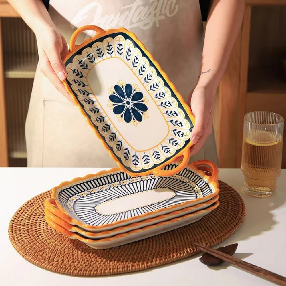 Prato de peixe cozido no vapor de cerâmica de orelha dupla, prato criativo nórdico, prato de salada de sobremesa japonesa, prato de macarrão simples de luxo leve