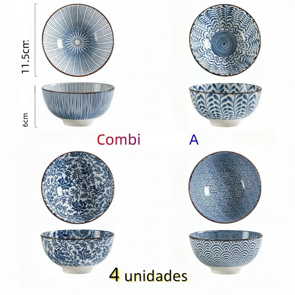 Tigela de Cerâmica Pintada à Mão Azul e Branca