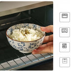 Tigela de cerâmica japonesa azul e branca pintada à mão de 4,5 polegadas, tigela de arroz estilo retrô para uso doméstico.