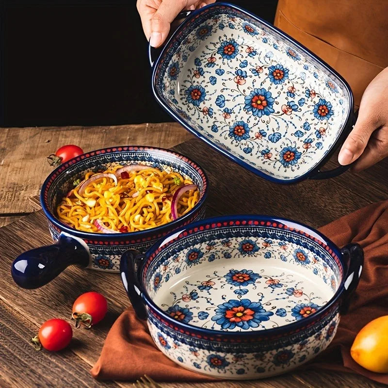 1pc grande assadeira com floral azul e branco e borda preta-(microondas/máquina de lavar louça/panadeira multiuso para turquia, lasanha