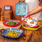 1 peça de prato de salada estilo boêmio de 9 polegadas com prato de macarrão de cerâmica de orelha dupla, pode ser usado para forno, micro-ondas